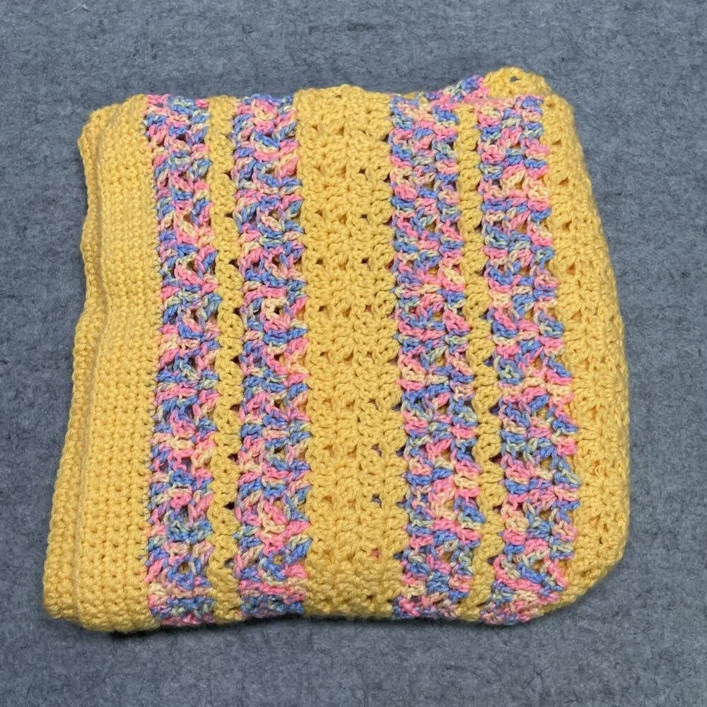 Vtg Handcrafted Crochet Throw Blanket Yellow Multi Stripe 66x30 Baby Lap Granny